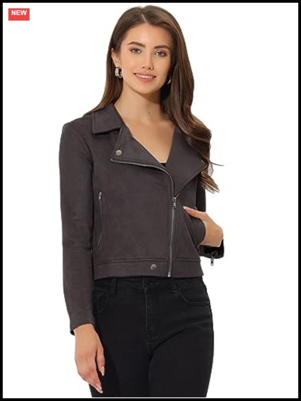 Faux Suede Moto Jacket Asymmetric Zip Convertible Collar Biker Outerwear